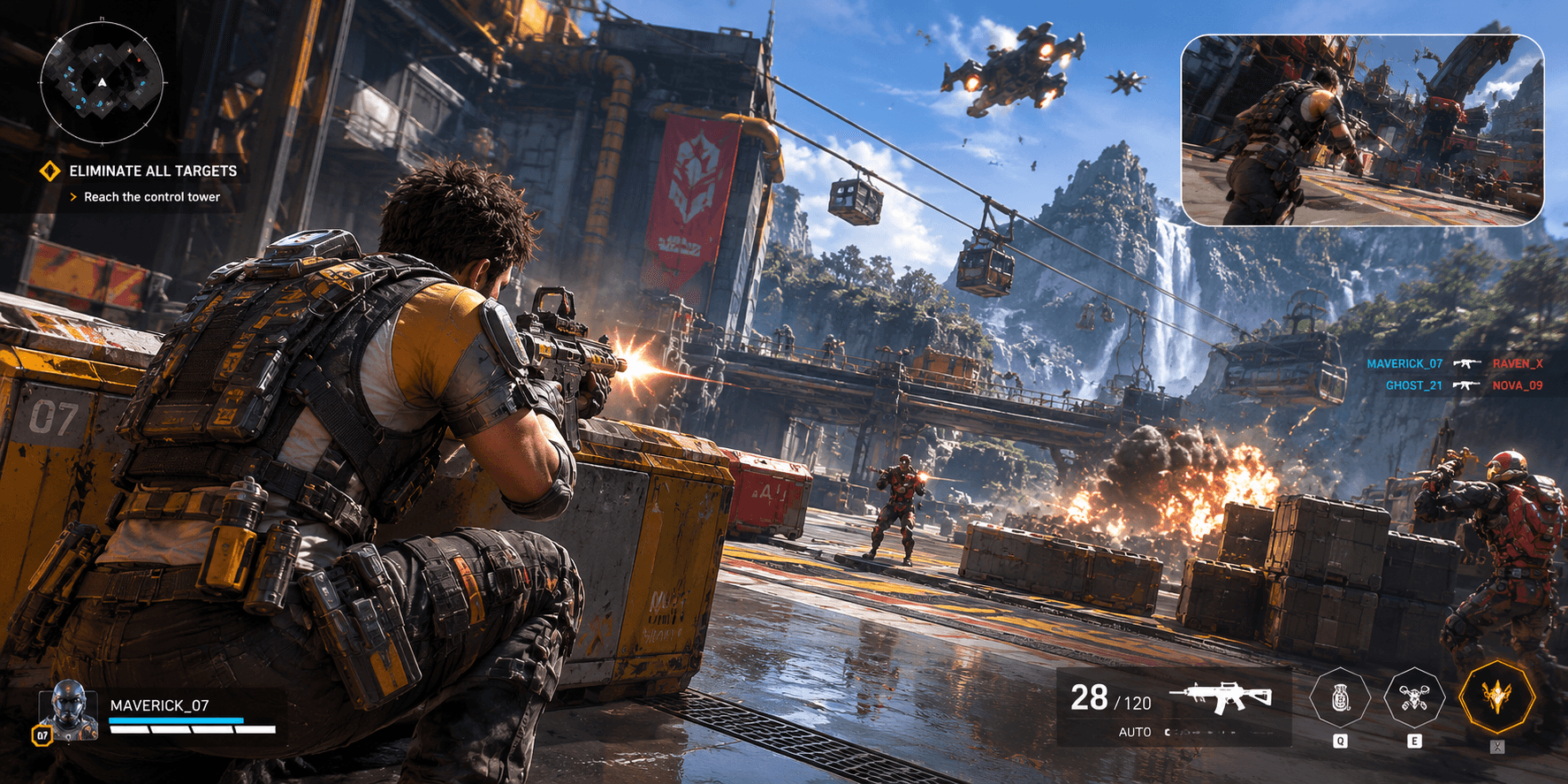 Fast-paced game footage demonstrating the QNED65's 120Hz VRR gaming performance