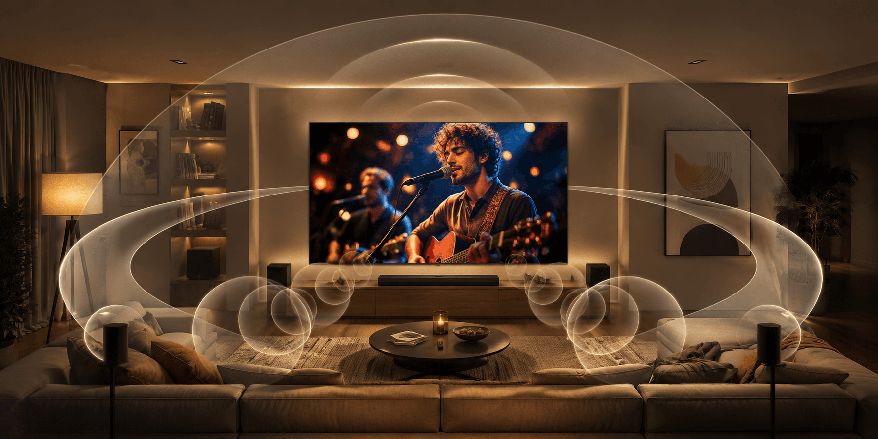 Home theatre living room showing surround sound synced with the QNED65 TV